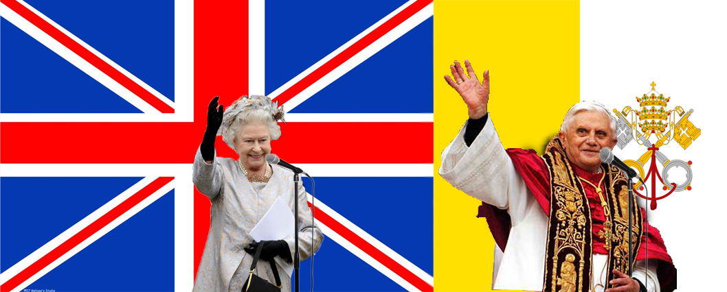 The Queen and the Pope waving in front of the flags of Britain and Vatican City with microphones