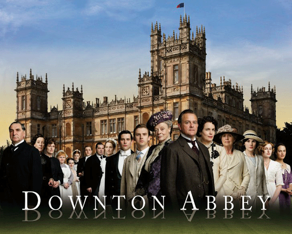 The cast of the ITV Sunday night costume drama series Downton Abbey, outside the stately home