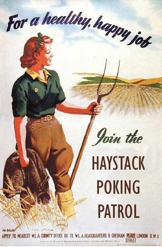 A WWII (WW 2, world war two)propaganda poster inviting women to join the Haystack Poking Patrol