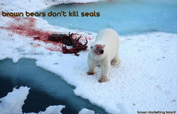 A poster by the Brown Marketing Board featuring a bloody polar bear and a seal corpse.