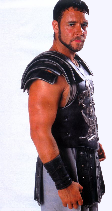A picture of Russell Crowe in his Gladiator costume with make up
