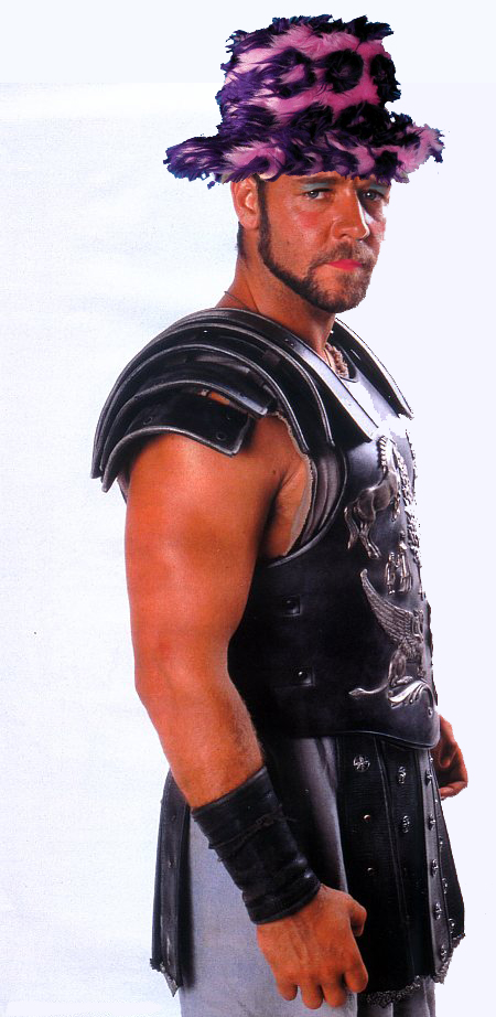 A picture of Russell Crowe in the costume from the film Gladiator with make up and a hat.