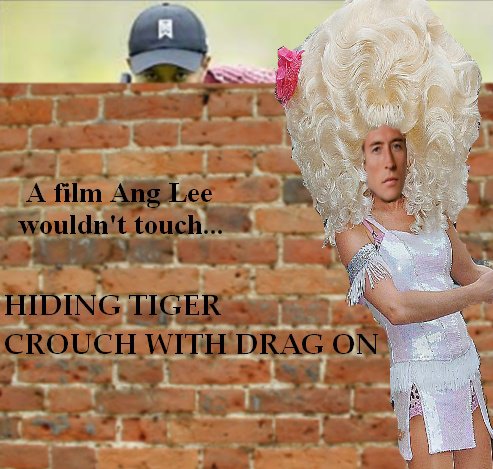 Peter Crouch dressed as Lily Savage while Tiger Woods hides behind a wall