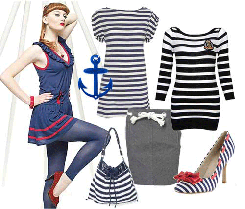 A model, an anchor, blue and white horizontal stripe clothes, shoes, bags, dresses etc etc etc.