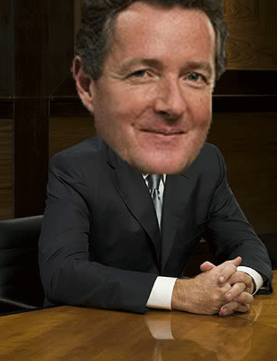 Piers Morgan seated and wearing a suit with a giant head