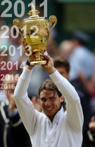 Rafael (Rafa) Nadal raises the Wimbledon men's trophy aloft in 2010,2011,2012,2013,2014,2015,2016,2017,2018,2019