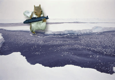 A Giant Squirrel Eating A Submarine near some broken ice