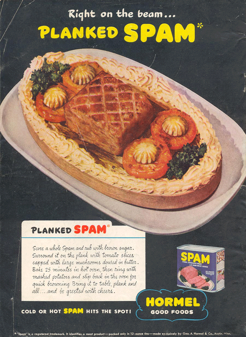 An advert (ad, advertisment) for SPAM with a recipe for Planked SPAM