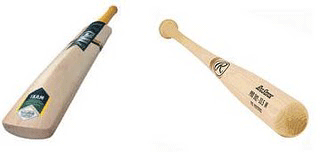 A picture of a cricket bat and a baseball bat with a plain, white background