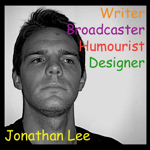 A black and white (B & W) publicity picture (portrait) of Jonathan Lee. (7 Reasons/7reasons.org).  MS Comic Sans font