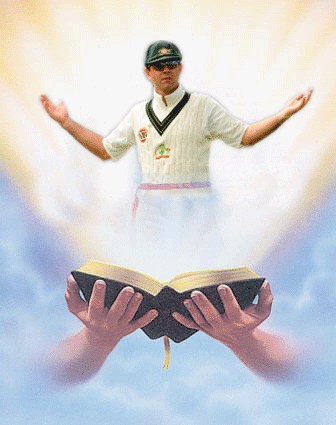 Ricky Ponting as Jesus Christ rising angelically from a bible