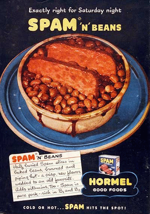 A SPAM advert with a recipe for SPAM and baked beans